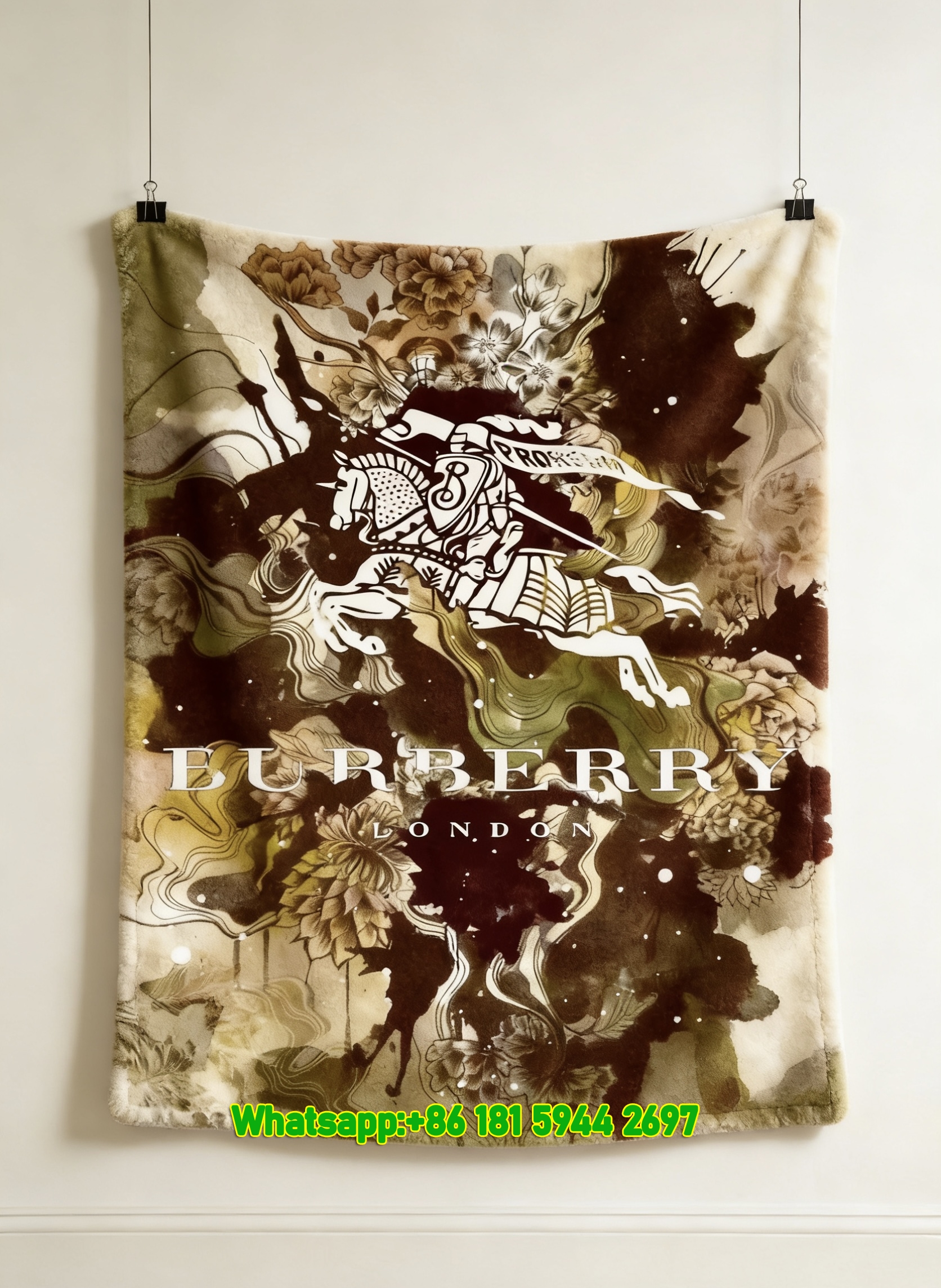 Burberry Ink Wash Equestrian Knight Floral Flannel Sofa Throw Blanket B027